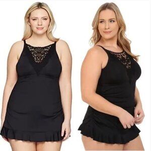 NWT BECCA Venise High Neck Black Crochet One Piece Swim Dress Size 0X 14/16